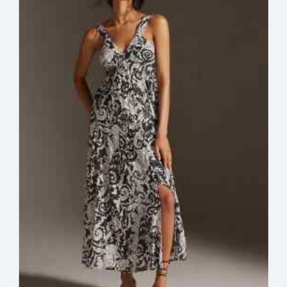 By Anthropologie black white printed long midi drama dress XS